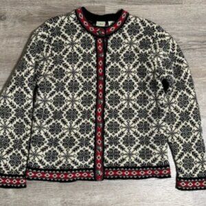Vintage 90s LL Bean Merino Lambswool Snowflake Knit Cardigan Sweater
